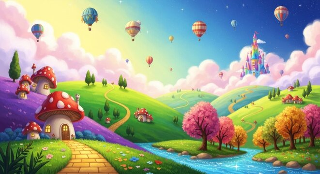 A whimsical, colorful landscape with a castle, mushrooms, and hot air balloons against a vibrant, starry sky - Powered by Adobe