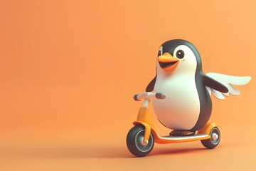 Penguin riding a scooter on orange background. 3d render