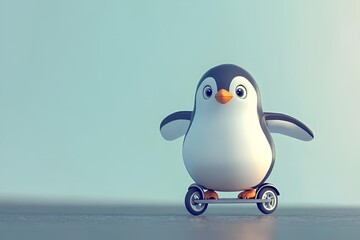 Cute penguin on a skateboard. 3d rendering.