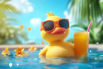 Cute duck in swimming pool with orange juice. 3d rendering