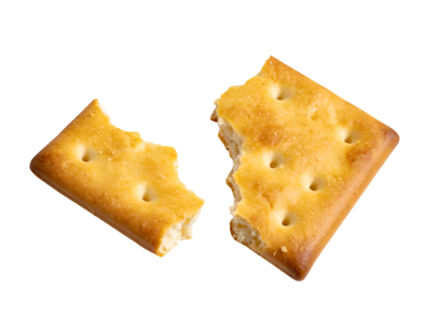 Broken rectangular cracker with bite marks, two pieces separated showing crunchy texture and golden baked surface, salty snack close-up on isolated background