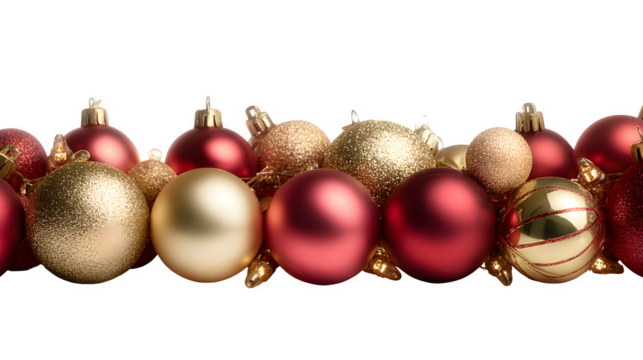 Christmas balls and lights border isolated on white background