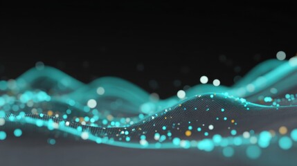 Abstract flowing waves of digital light and glowing particles on a dark background, representing technology, data, and modern design elements