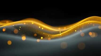 Abstract wave design with smooth curves and glowing particles in warm hues of orange and yellow against a sleek black backdrop for modern digital concepts