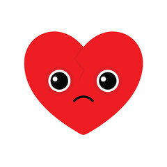 A sad red broken heart with eyes and a frown isolated on white background