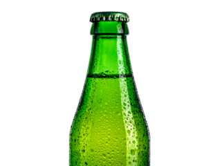 Green glass beer or soda bottle neck with metal crown cap, cold condensation droplets and glossy surface, refreshing beverage close-up on isolated background