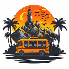 A vibrant sunset scene featuring an orange bus in front of mountains, a lighthouse, and silhouetted palm trees, creating a tropical vibe.