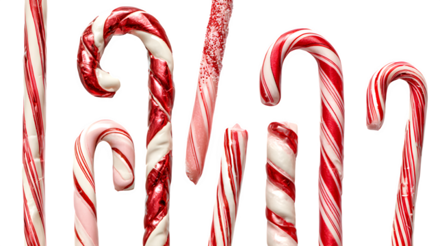 Assorted candy canes in different patterns and shapes isolated on white background
