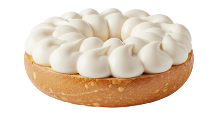 Isolated pastry cake, round brioche dough with many whipped cream dollops on top, treat