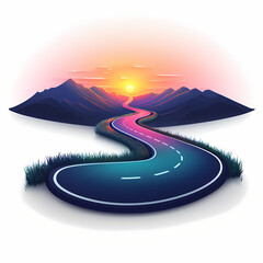 A winding road leads into a vibrant sunset over majestic mountains. The scene captures a tranquil and adventurous spirit, inviting exploration and discovery.