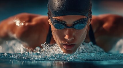 Determined female swimmer powerfully executing the butterfly stroke in a pool, showcasing strength, focus, and athleticism