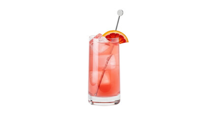 Isolated Collins cocktail with ice cubes and blood orange slice against clear bright backdrop