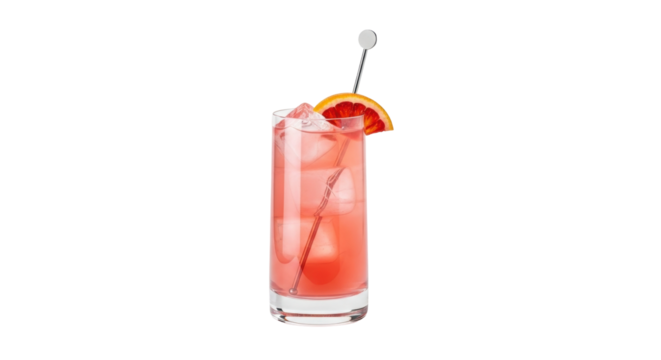 Isolated Collins cocktail with ice cubes and blood orange slice against clear bright backdrop