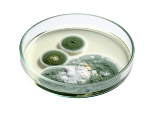 Petri dish with green and white mold fungus colonies growing on agar, laboratory microbiology culture sample, research science close-up on isolated background
