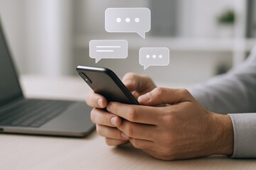 Businessman Typing Message on Smartphone with Speech Bubbles, Representing Mobile Communication and Digital Interaction