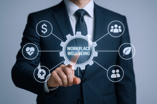 Workplace Well-being Concept: Businessman Touching Virtual Interface with Health, Teamwork, and Financial Icons for Employee Support