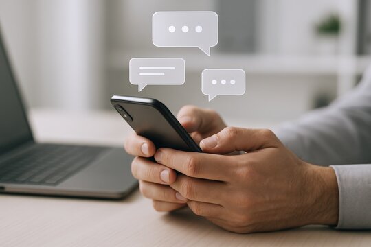 Businessman Typing Message on Smartphone with Speech Bubbles, Representing Mobile Communication and Digital Interaction