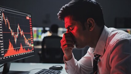 Stock market decline causing financial loss and stress for businessman watching trading screen in office environment during economic downturn business crisis market analysis worry - Powered by Adobe