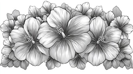 Fototapeta premium Monochromatic drawing depicts a dense border arrangement of large tropical blossoms.