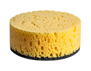 Round yellow cleaning sponge with black scouring pad base, porous foam texture and circular shape, household dishwashing tool close-up on isolated background