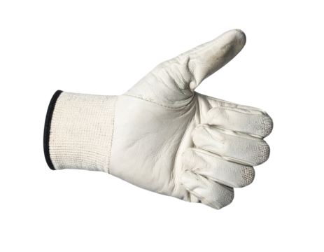White leather work glove showing thumbs up hand gesture, right hand safety protective glove close-up with stitching detail, studio shot on isolated background
