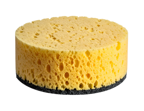 Round yellow cleaning sponge with black scouring pad base, porous foam texture and circular shape, household dishwashing tool close-up on isolated background