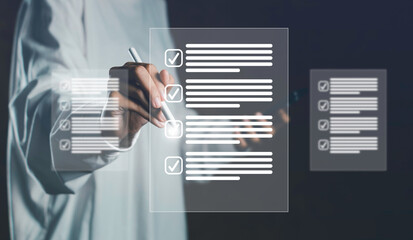Online quiz and earning assessment concept with hand interacting with digital checklist on screen. Represents survey participation, digital evaluation, and data collection for decision-making.