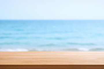 Wooden Table Surface with Blurred Sea View Background, Ideal for Product Display or Mockup Template