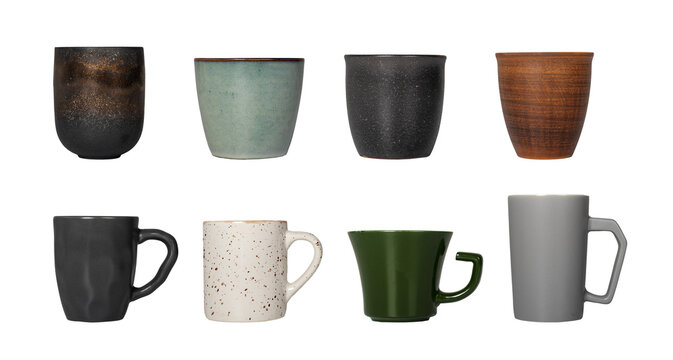 Ceramic mug set. Modern collection of coffee and tea cups in different colors and sizes, porcelain