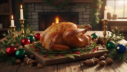 Golden roasted turkey, the heart of a festive holiday table, adorned with natural greenery, glowing candles, and classic ornaments, perfect for a cozy and memorable family celebration