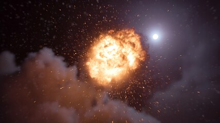 Dramatic explosion of fire and debris in the dark illuminated by a bright celestial light