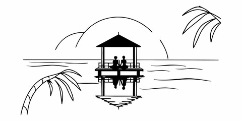 Fototapeta premium Minimilist illustration of a simple black and white fountain with water splashing and grass around it design vector