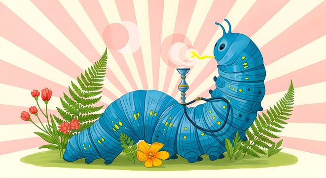 A blue caterpillar enjoying a martini amidst lush greenery and vibrant flowers in a whimsical setting