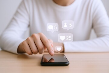 Person Taps Smartphone with Social Media Notifications and Icons Overlayed for Engagement and Interaction