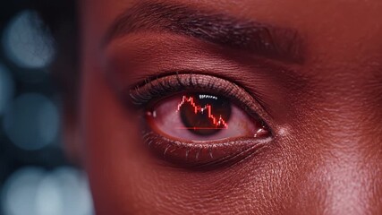 Close up human eye with digital stock market graph reflection showing financial data analysis concept dark skin texture detailed eyelashes futuristic technology investment visualization - Powered by Adobe
