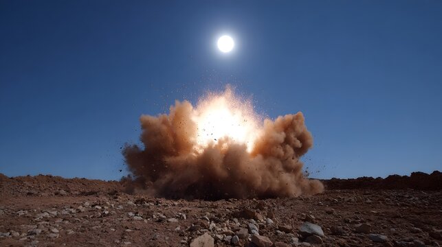 Powerful explosion blasts dust and debris into a clear blue sky over a rocky desert landscape with the sun shining