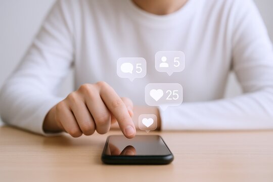 Person Taps Smartphone with Social Media Notifications and Icons Overlayed for Engagement and Interaction