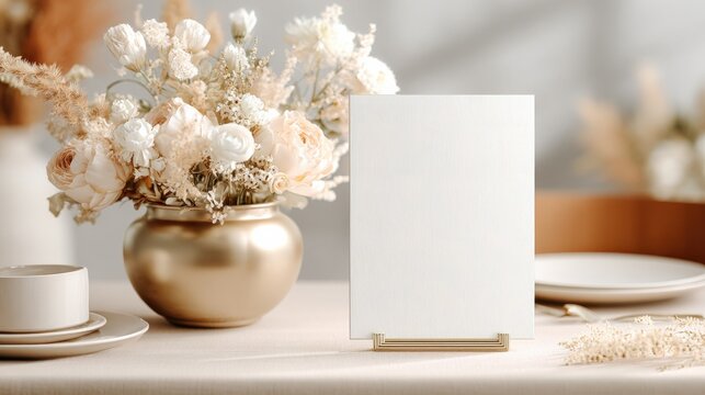 Elegant Table Setting Mockup with Floral Arrangement, Neutral Tones, and Blank Card for Customization