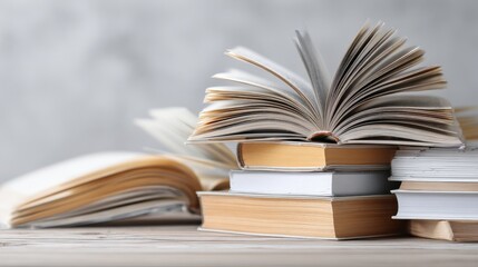Fototapeta premium Stack of books on wooden surface, education and reading concept for library, knowledge or bookstore