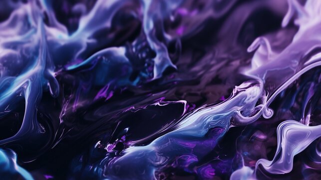 Close-up of swirling purple, blue, and pink liquid colors forming fluid shapes and vibrant hues, crafting a dynamic abstract background with smooth, flowing color transitions.