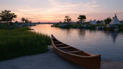 Serene Canoe Docked at Riverbend During Dusk with Beautiful Colorful Sky Reflections