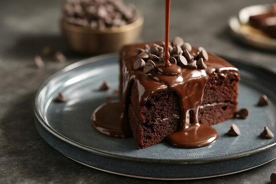 Pouring chocolate sauce onto delicious fresh cake on grey table, closeup - Powered by Adobe