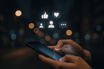 Social Media Engagement: Hands Holding Phone with Icons Representing Likes, Followers, and Comments in Dark Environment