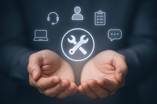 Technical Support Concept: Hands Presenting Assistance Icons for Service, Maintenance, and Solutions on a Digital Backdrop