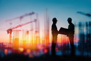 Fototapeta premium Construction Workers Reviewing Blueprints at Sunset on Construction Site, Silhouette of Engineers and Cranes