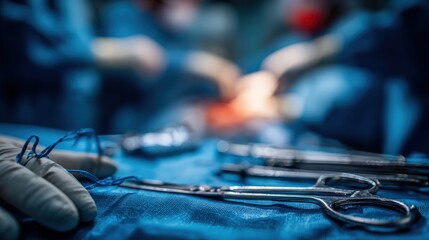 Surgical Team Performing Operation with Instruments: Focus on Scissors and Sutures, Modern Healthcare