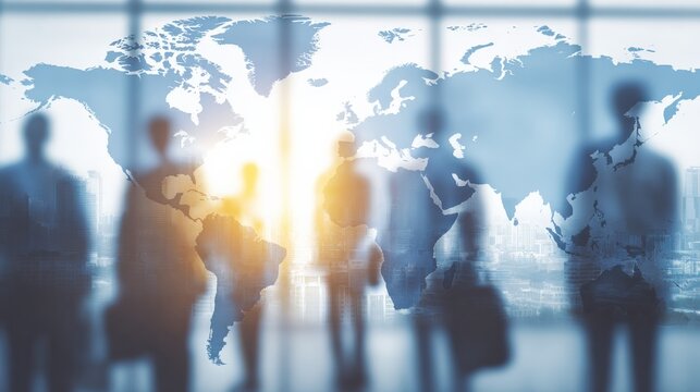 Global Business Team Concept: Silhouettes of Professionals Overlaid with World Map Against a Modern Office View