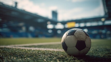 Soccer ball on a field corner with stadium in background, depicting sport, competition, and athletic themes