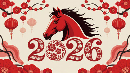 An illustration dedicated to the year 2026 of the Horse. Above the numbers is a horse's head with smooth mane lines that convey movement and grace.