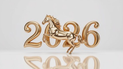 The "2026" banner with a luxurious and shiny metal finish. A golden horse is depicted in front of the numbers, symbolizing energy, speed and power, the Year of the Horse.